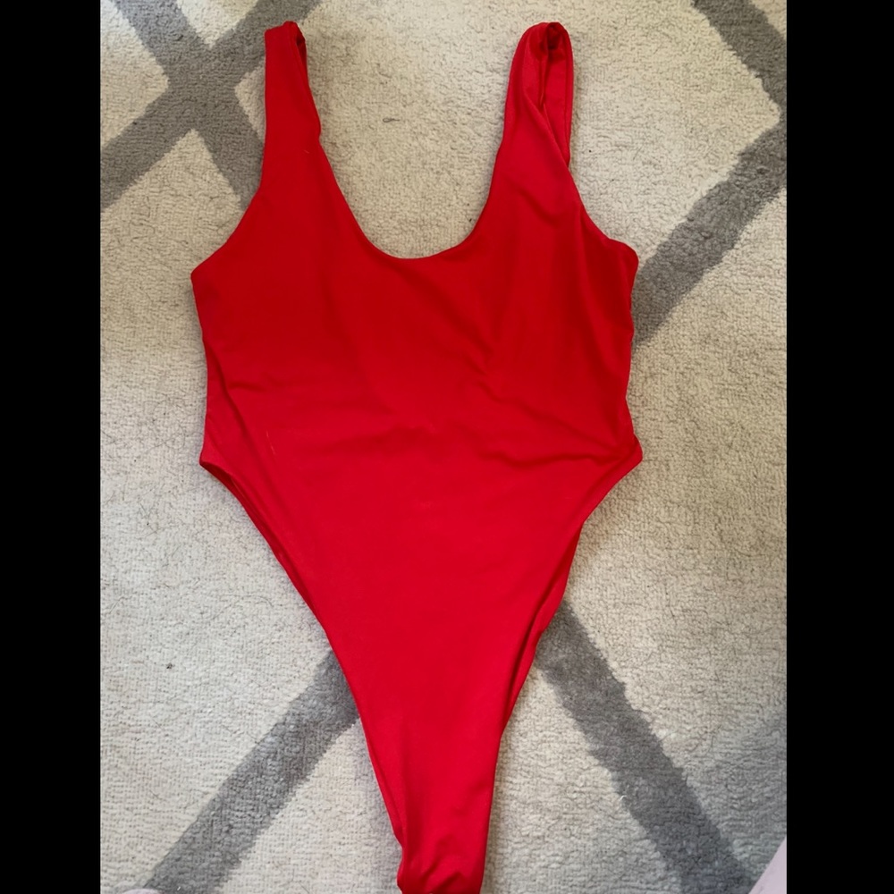 437 red, one piece swimsuit